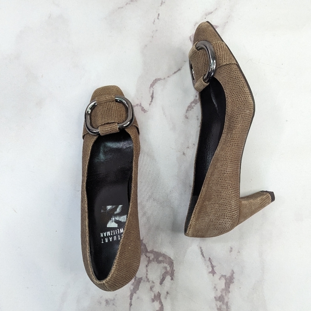 Stuart Weitzman 6.5 M Block Heel Pumps Women Tan Square Toe Buckle Snakeskin